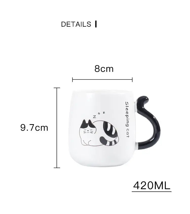 Cartoon Cat Ceramic Mug, Birthday Gift Cute Coffee Cup with Lid, Tail - Texture Detail