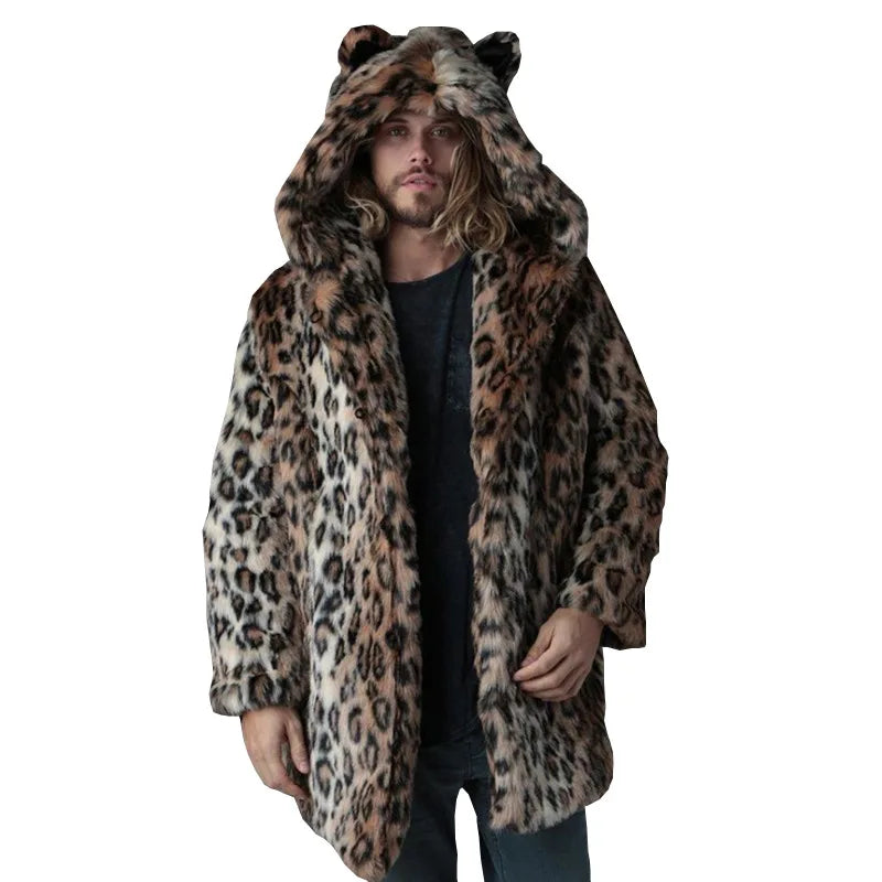 Men Faux Fur Jacket Winter Coat Thick Hooded Leopard Print Mid Length Warm Ears - Back View