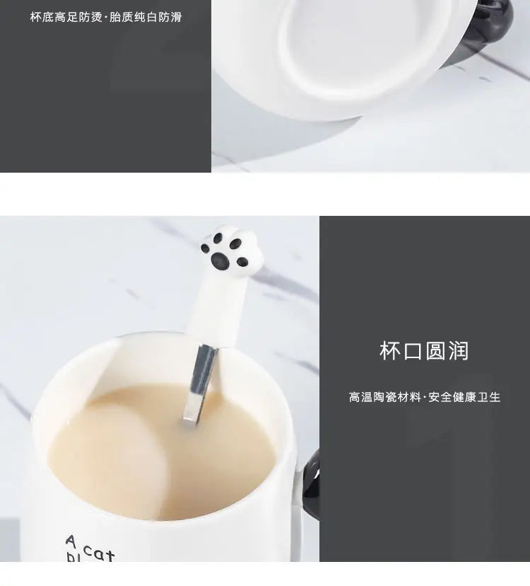 Cartoon Cat Ceramic Mug, Birthday Gift Cute Coffee Cup with Lid, Tail - Usage View