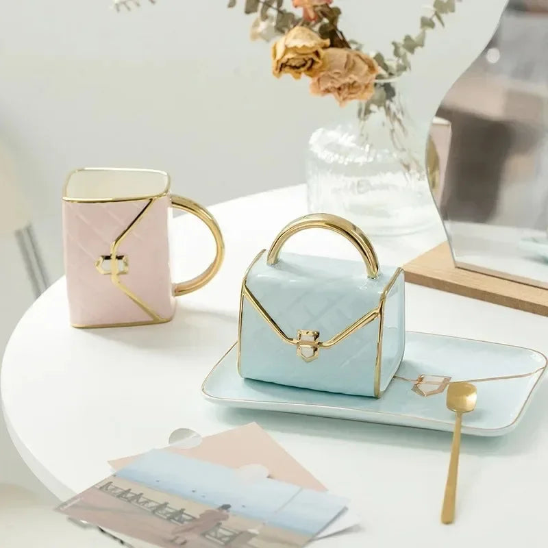 Handbag Shaped Mug Luruxy Coffee Cup Creative Tote Bag Shaped Cups Linner Saucer - Detail View