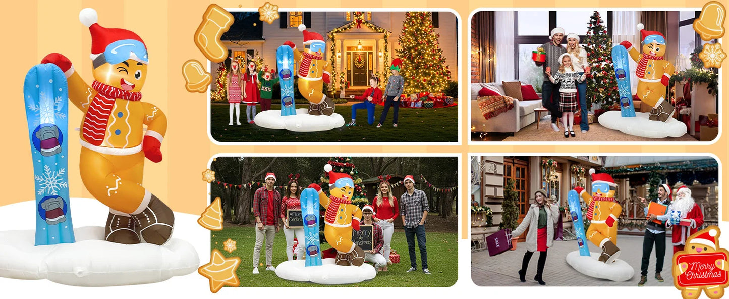 OurWarm 6FT Christmas Inflatable Outdoor Decoration, Cute Skiing Gingerbread Man - Back View