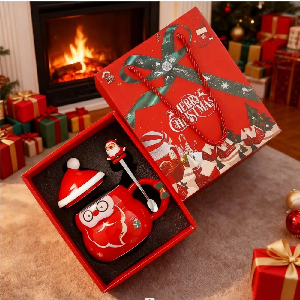 Ceramic Christmas Mug with Lid Spoon Cute Cartoon Coffee Cup New Year - Main View