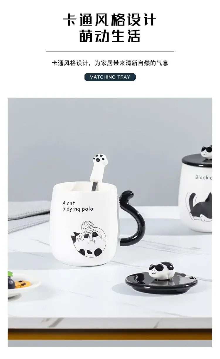 Cartoon Cat Ceramic Mug, Birthday Gift Cute Coffee Cup with Lid, Tail - Material Detail