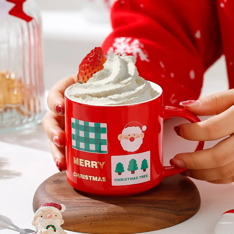 Christmas Mug With Lid and Spoon Santa Claus Ceramic Coffee Cup Elk Sn - Side View