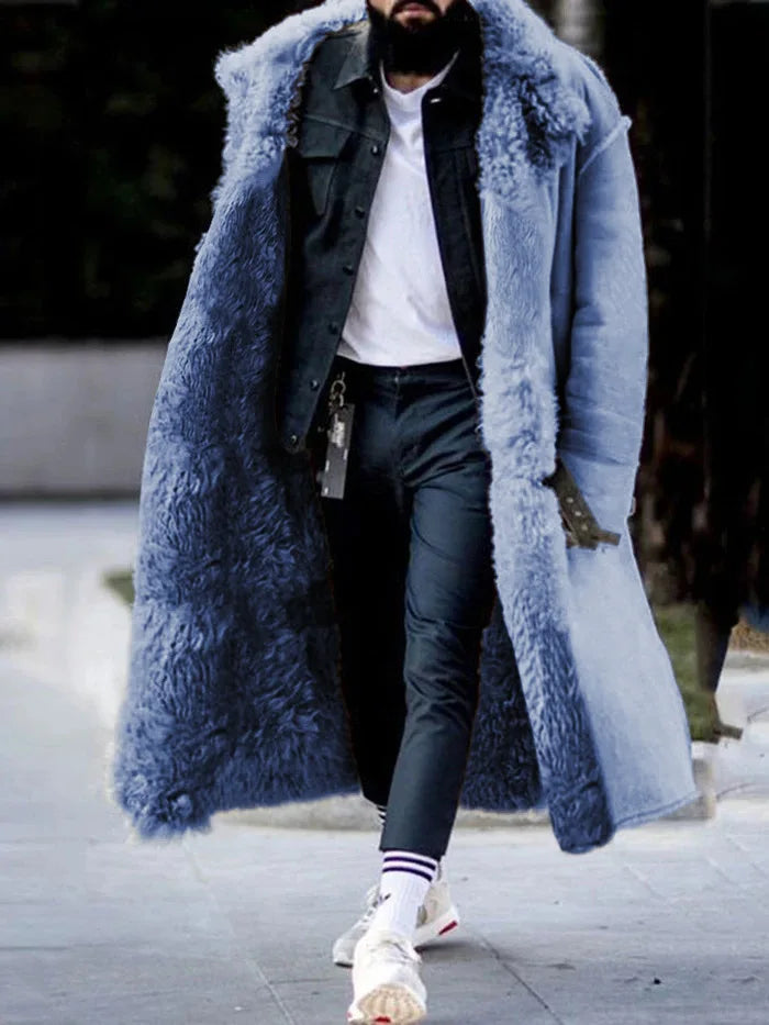 Men's Autumn Winter Thick Warm Coat Faux Fur Jacket Solid Color Long Sleeve Butt - View 15