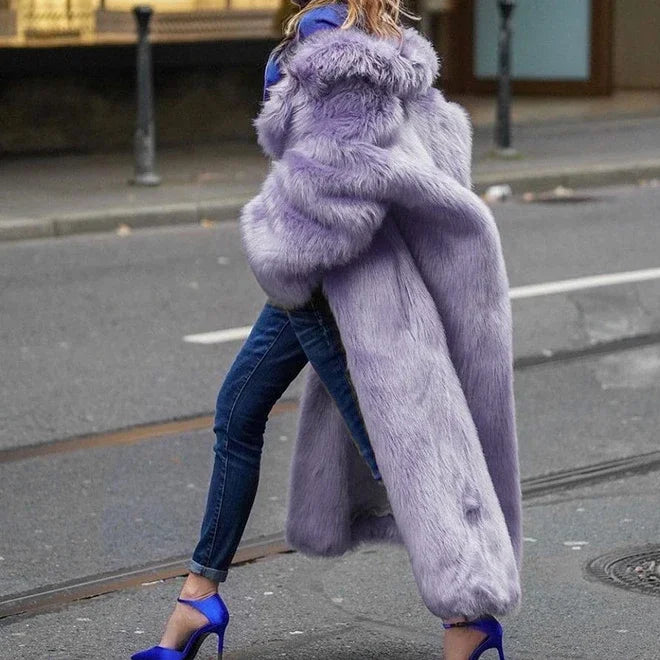 Women Thick Faux Fur Jacket Autumn Winter Maxi Coat Purple Elegant Long Jackets - View 4