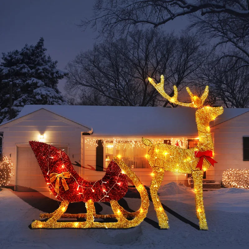 Christmas Reindeer and Sleigh Decoration With LED Light Glowing Glitte - Main View