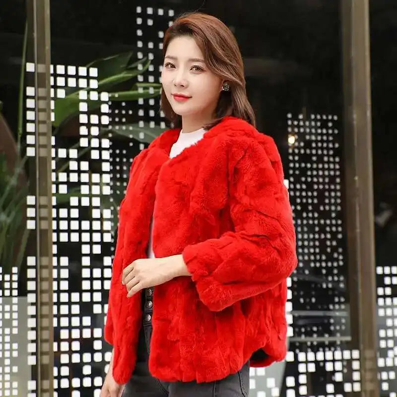 Real Rabbit Fur Coat Women Winter Jacket Short Loose Size Thick Warm Fluffy Coat - Back View