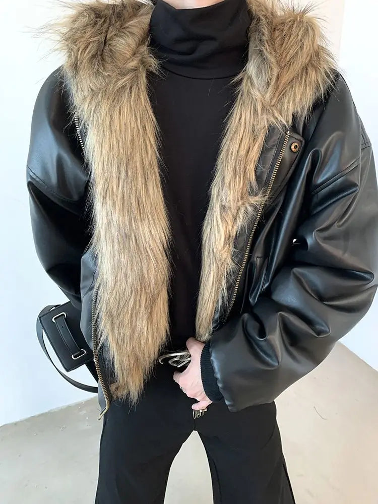 Men Faux Fur Jacket Coat Pu Leather 2025 Winter Thick Warm Outerwear Spliced Hoo - View 6
