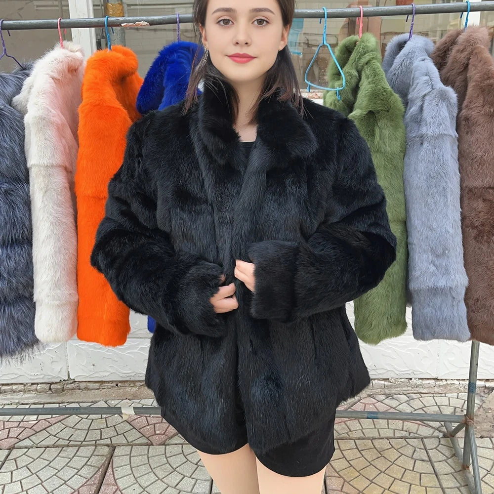 Fancy Rani Natural Rabbit Fur Coat Women Winter Jacket Real Leather And Fur Wome - Back View