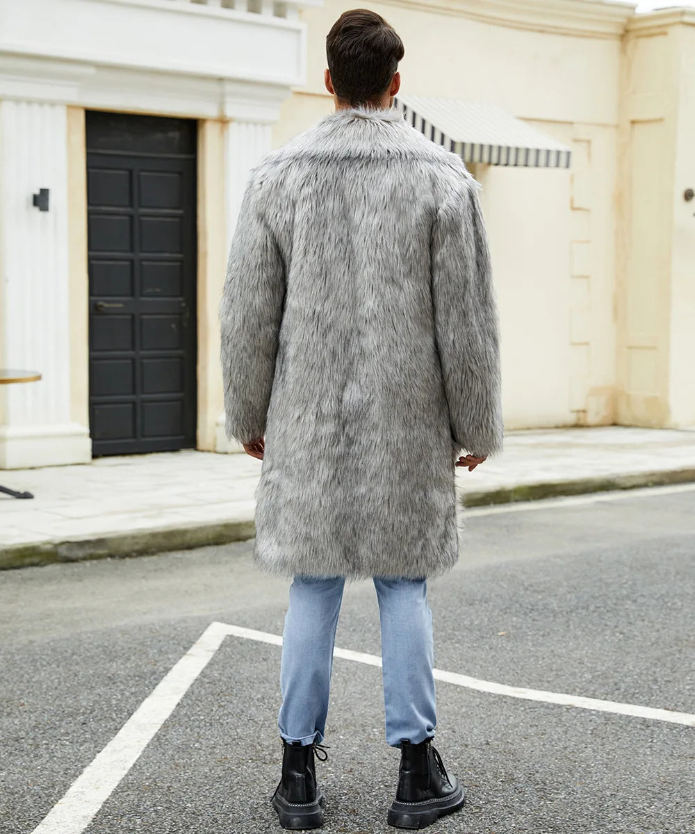 Men Long Faux Fur Coat Jacket Thick Warm Coats Turn Down Collar Full Sleeve Spli - View 24