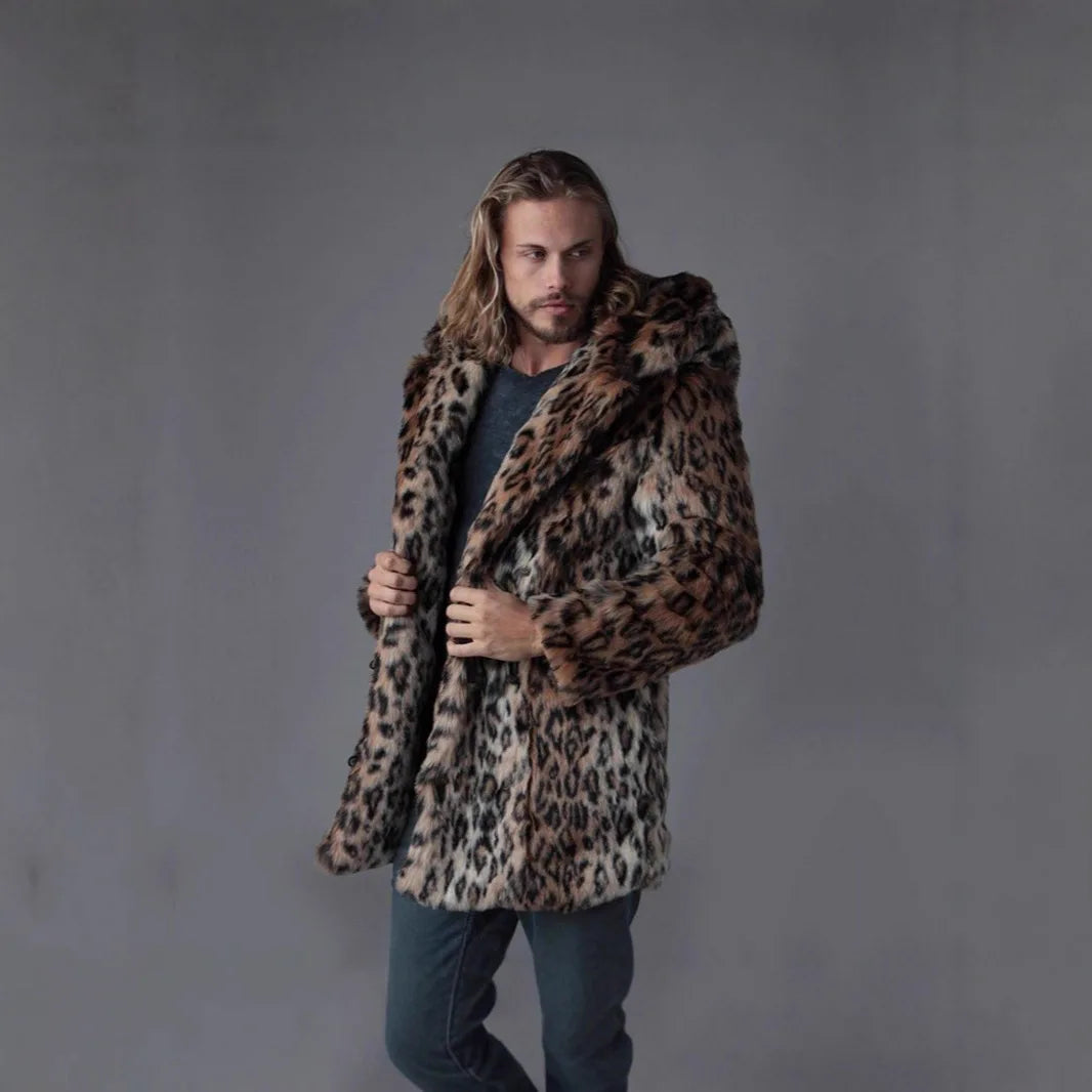 Men Faux Fur Jacket Winter Coat Thick Hooded Leopard Print Mid Length Warm Ears - View 5