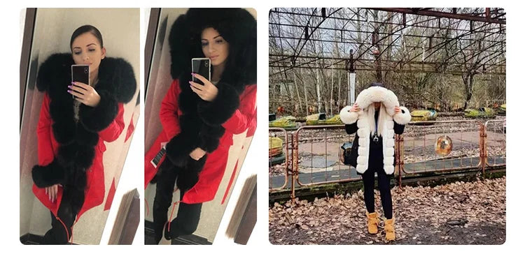MAOMAOKONG 2024 Winter Women Coat Natural Fox Fur Collar Cuff Black Jackets Outw - View 13