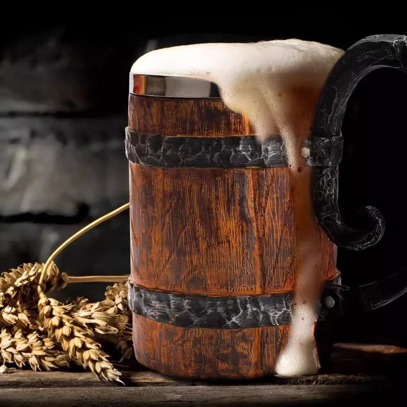 600ml Viking Wood style Beer Mug Christmas Gift Simulation Wooden Barr - Front View