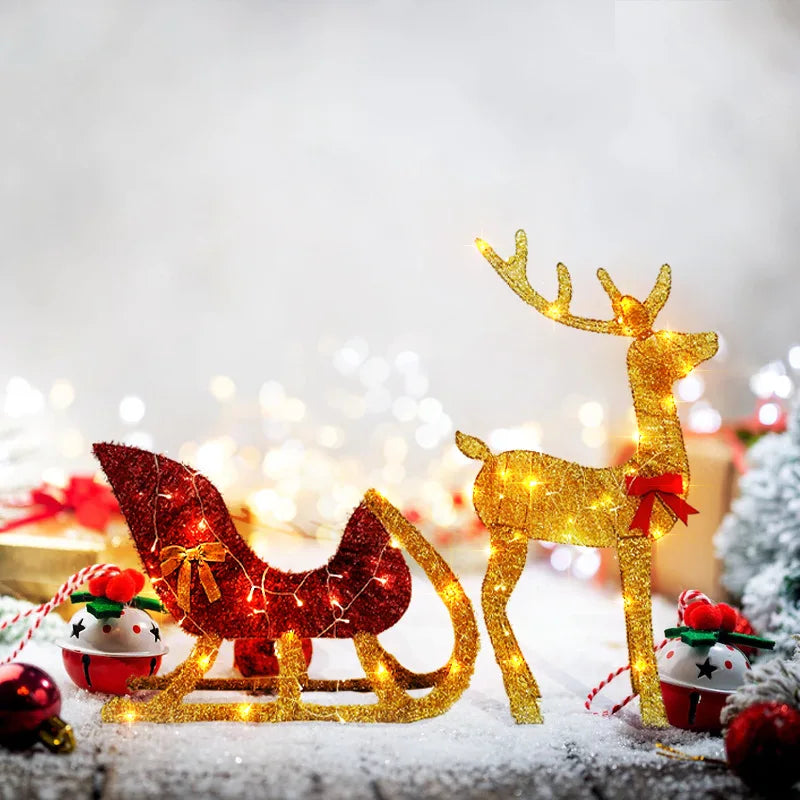 Christmas Reindeer and Sleigh Decoration With LED Light Glowing Glitte - Front View