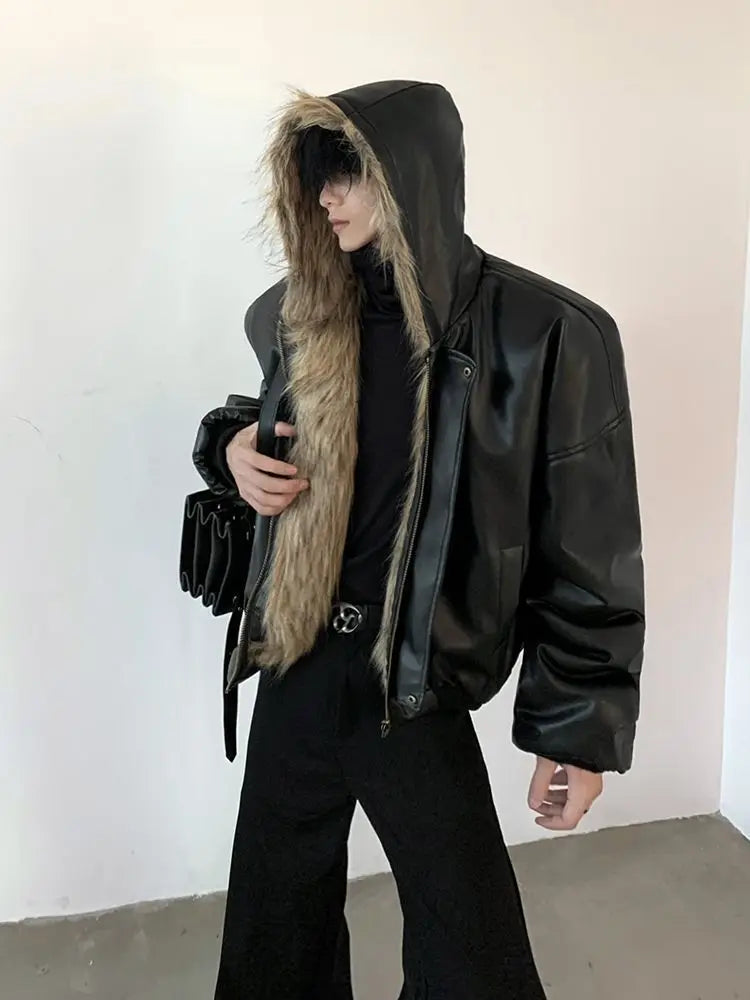 Men Faux Fur Jacket Coat Pu Leather 2025 Winter Thick Warm Outerwear Spliced Hoo - View 11