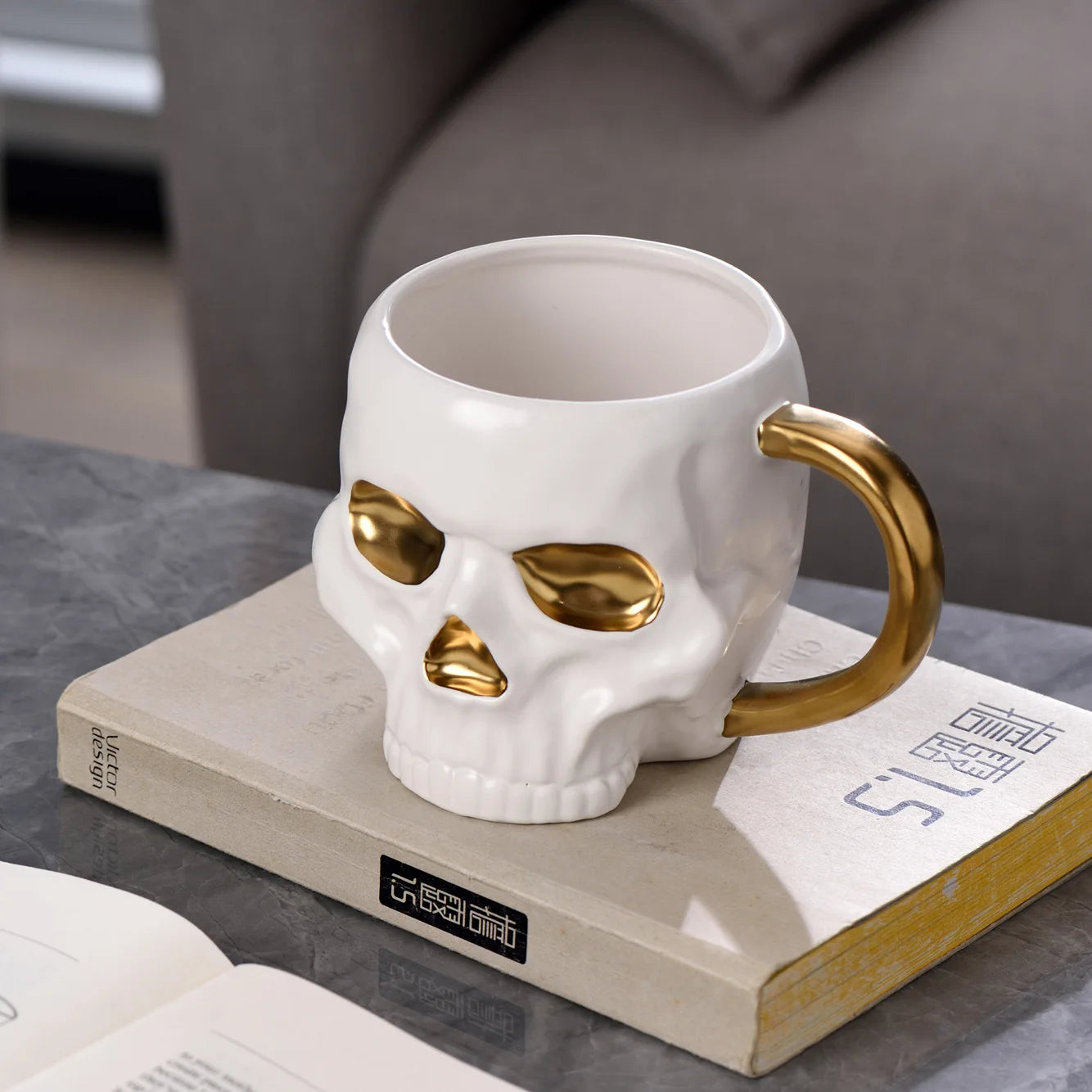 Gothic Novelty Skull Mug with Gold Handles Ceramic Halloween Themed Skeleton Hea - Back View