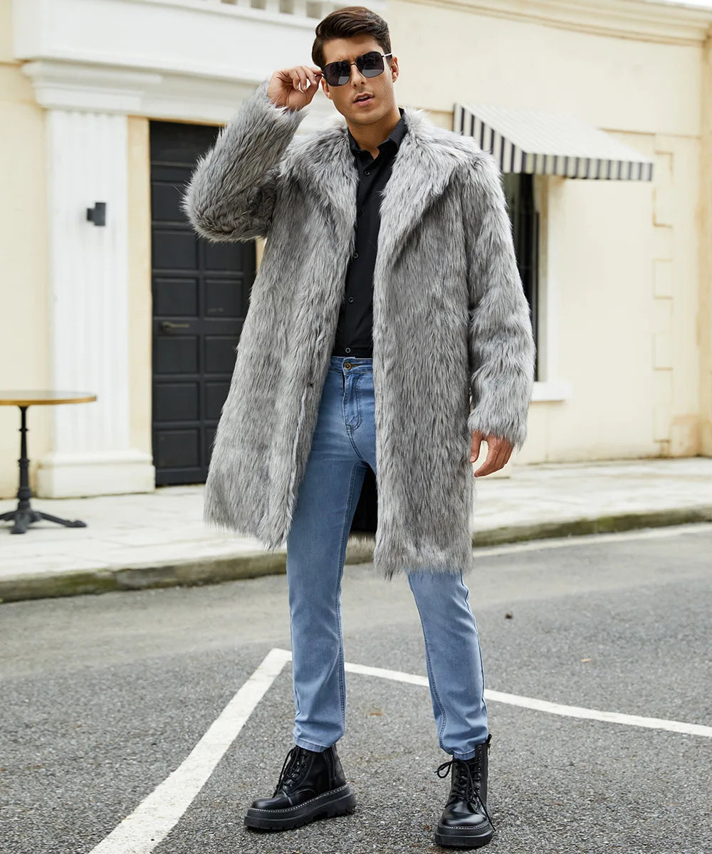 Men Long Faux Fur Coat Jacket Thick Warm Coats Turn Down Collar Full Sleeve Spli - View 22
