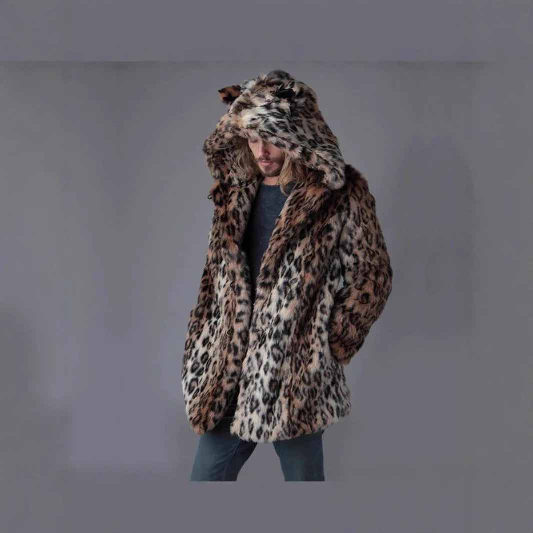 Men Faux Fur Jacket Winter Coat Thick Hooded Leopard Print Mid Length Warm Ears - Side View