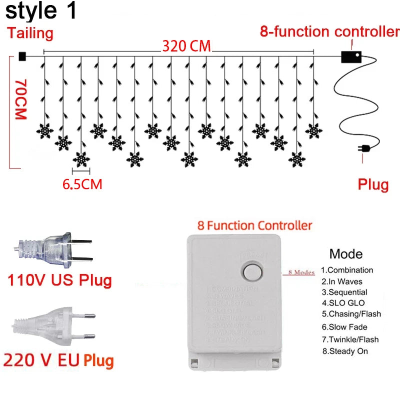 Christmas Light 3.5m Led Snowflake Garland Curtain String Fairy Lights - Close-up View