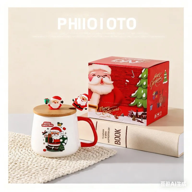 In stock Cute Christmas Gift Ceramic Mug with Lid and Spoon - High-value Santa C - View 4