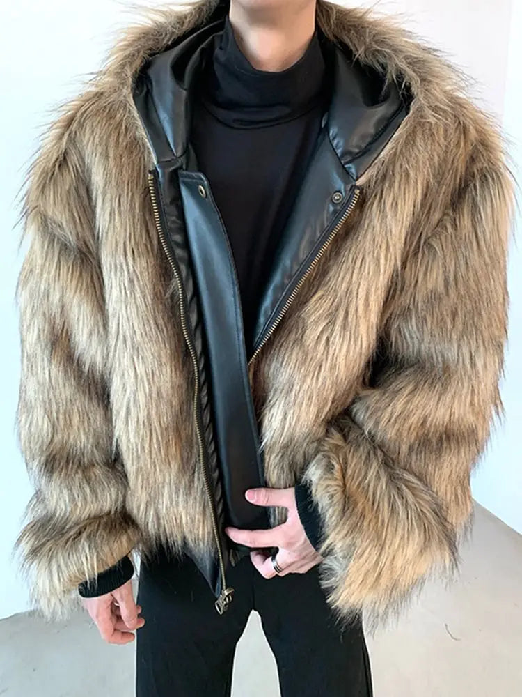 Men Faux Fur Jacket Coat Pu Leather 2025 Winter Thick Warm Outerwear Spliced Hoo - View 16