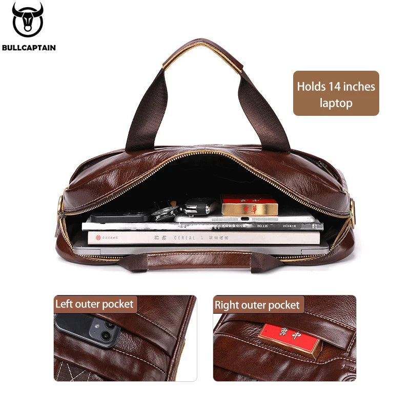 BULLCAPTAIN Leather Laptop Bag, Top Layer Leather 15" Laptop Bag Men's - Side View