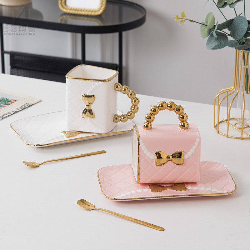 Creative Light Luxury Bag Shaped Ceramic Mug Personalized Coffee Cup Plate Set Home Drinking Cup Girl Gift Home Decoration...