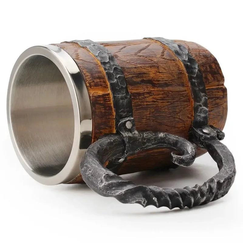 600ml Viking Wood style Beer Mug Christmas Gift Simulation Wooden Barr - Back View