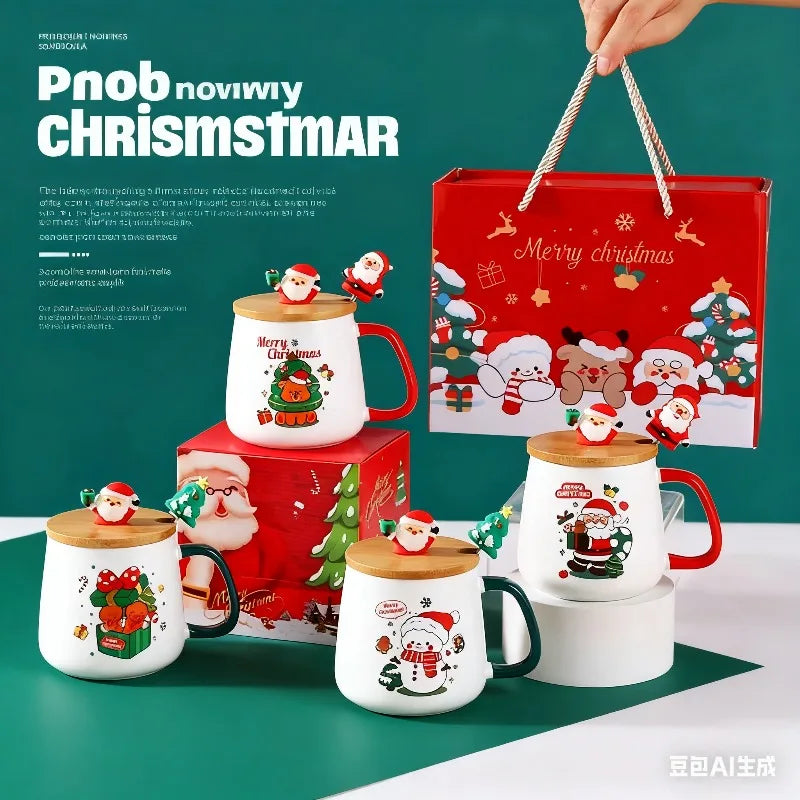 In stock Cute Christmas Gift Ceramic Mug with Lid and Spoon - High-value Santa C - Side View