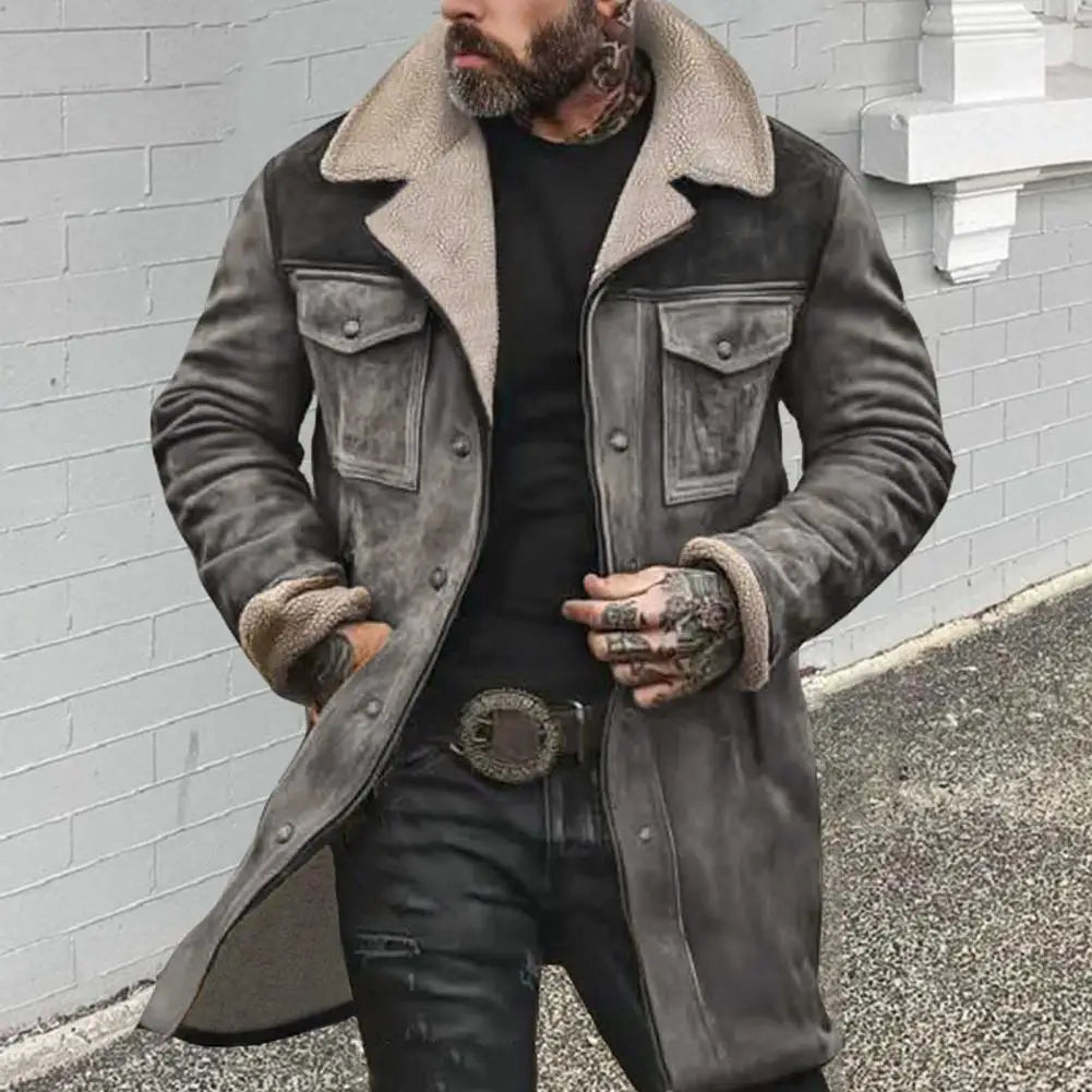 Suede Men Jacket Plush Lamb Wool Lining Lapel Winter Jacket Vintage Sheepskin Sh - View 5