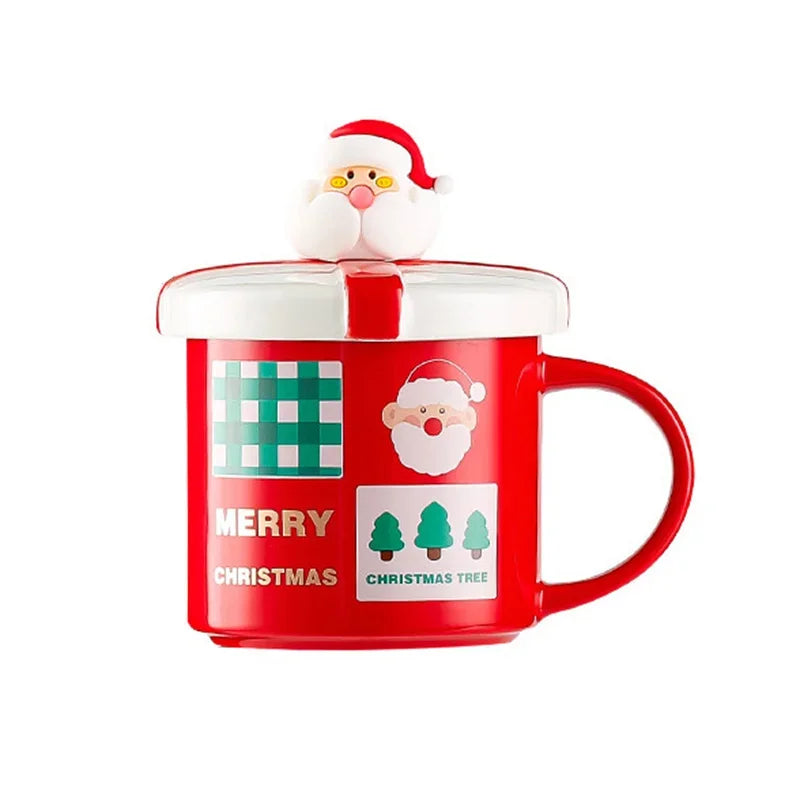 Christmas Mug With Lid and Spoon Santa Claus Ceramic Coffee Cup Elk Sn - Packaging View