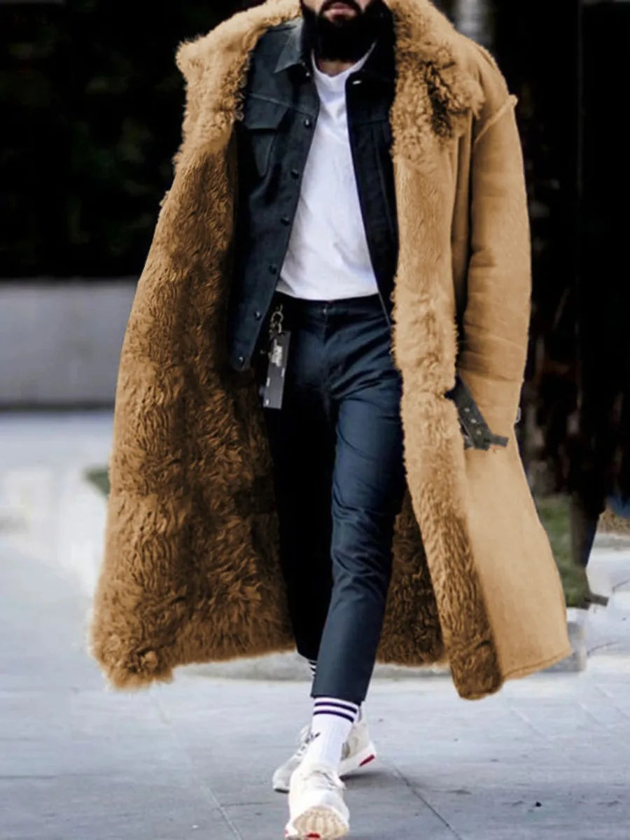 Men's Autumn Winter Thick Warm Coat Faux Fur Jacket Solid Color Long Sleeve Butt - View 4
