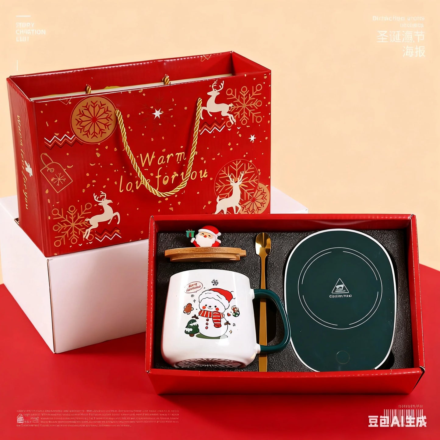 In stock Cute Christmas Gift Ceramic Mug with Lid and Spoon - High-value Santa C - Back View