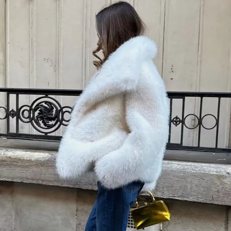 HXAO White Faux Fur Coat 2024 Woman New in coats Autumn Winter Fur Plush Fluffy - View 5