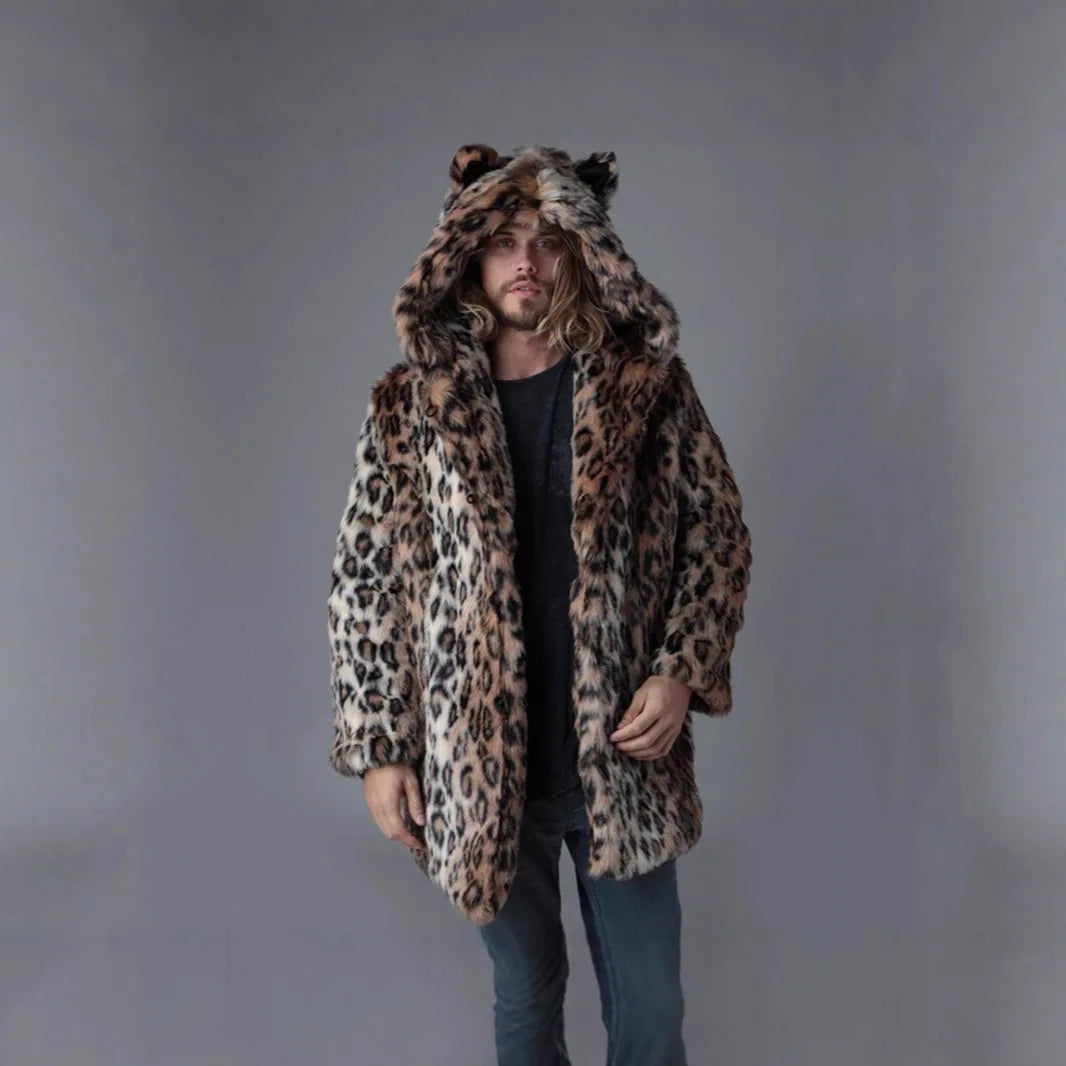 Men Faux Fur Jacket Winter Coat Thick Hooded Leopard Print Mid Length Warm Ears - Detail View