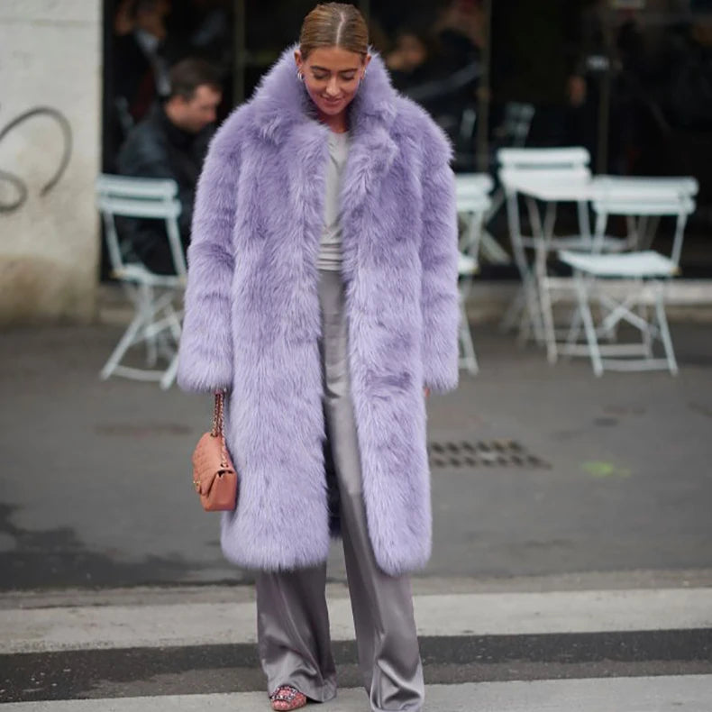 Women Thick Faux Fur Jacket Autumn Winter Maxi Coat Purple Elegant Long Jackets - Detail View