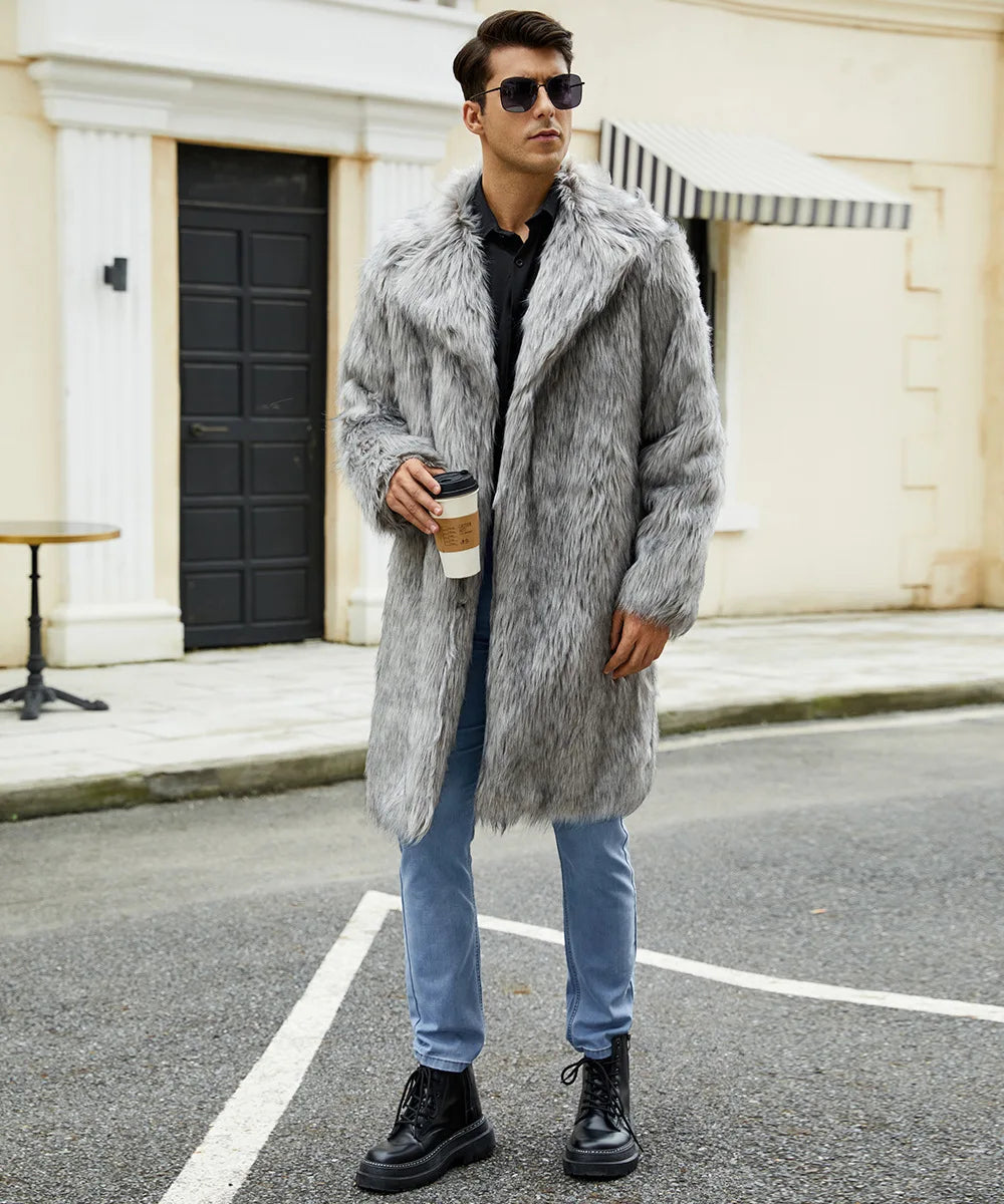 Men Long Faux Fur Coat Jacket Thick Warm Coats Turn Down Collar Full Sleeve Spli - View 23