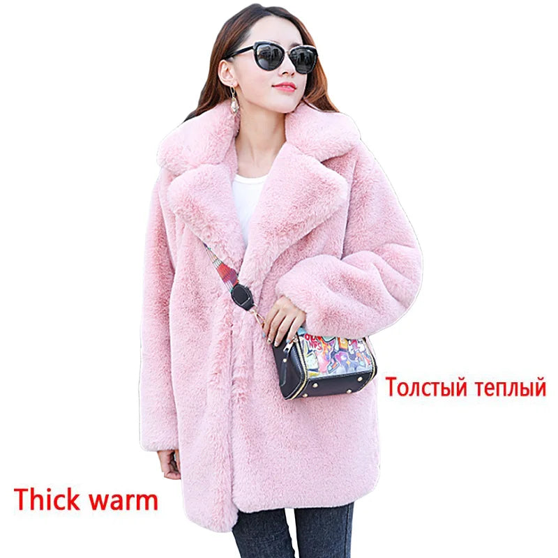 2023 New Women Winter Warm Faux Fur Coat Thick Women Middle -Long Over - Back View