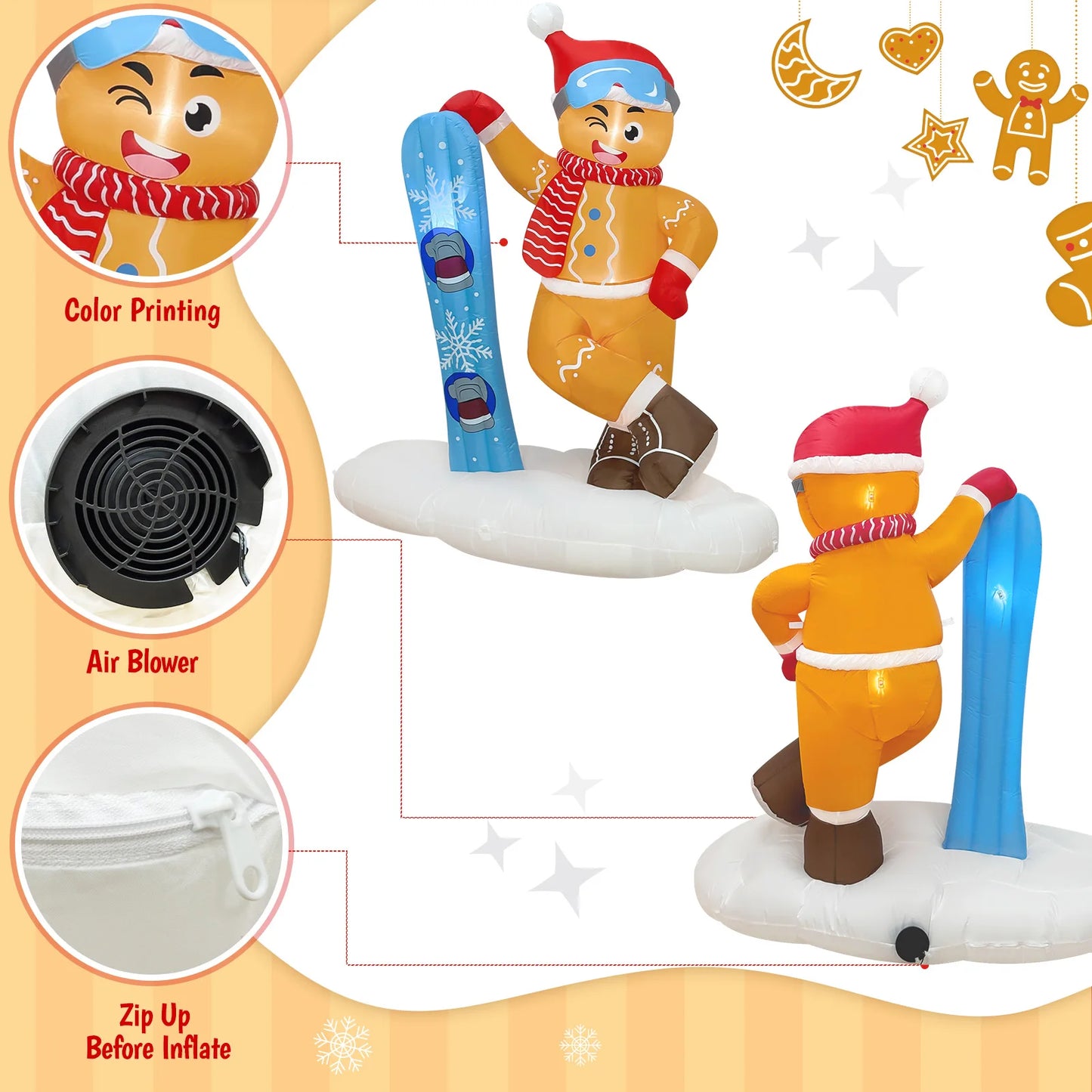 OurWarm 6FT Christmas Inflatable Outdoor Decoration, Cute Skiing Gingerbread Man - View 4