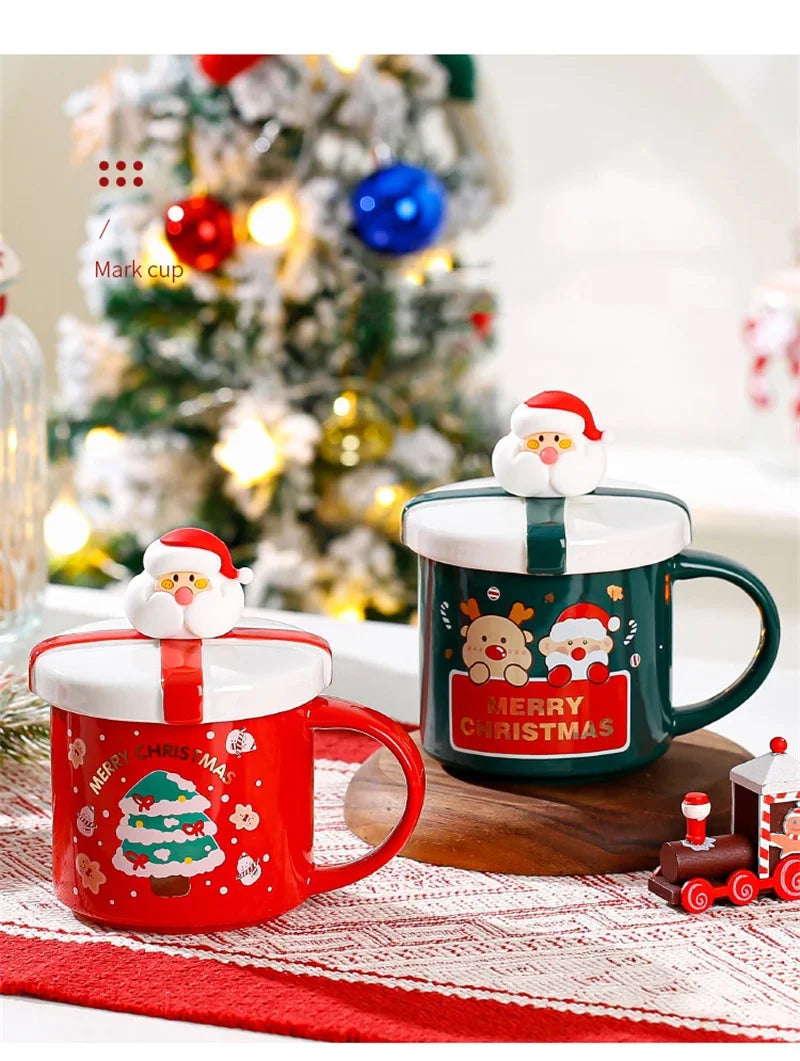 Christmas Mug With Lid and Spoon Santa Claus Ceramic Coffee Cup Elk Sn - Usage View