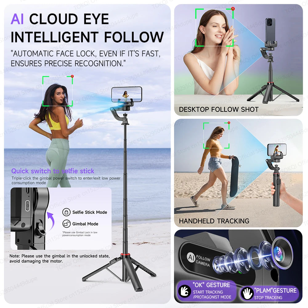 AI Tracking Deskpot Gimbal Tripod with Extendable Selfie Stick for Mob - Back View