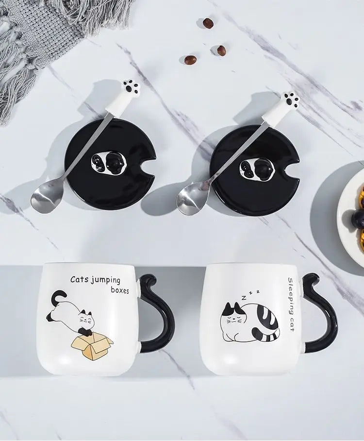 Cartoon Cat Ceramic Mug, Birthday Gift Cute Coffee Cup with Lid, Tail - Feature Highlight