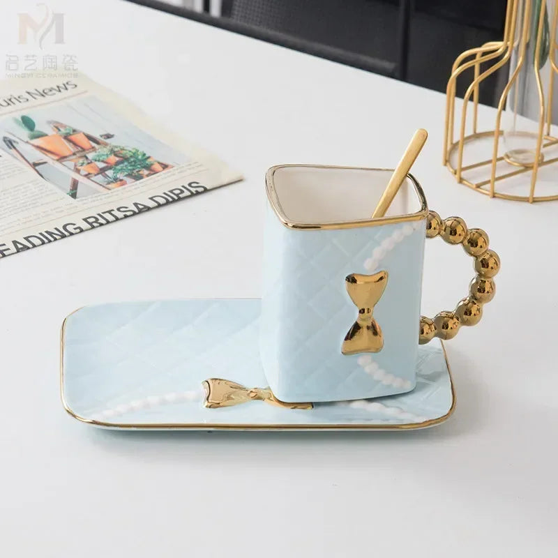 Creative Light Luxury Bag Shaped Ceramic Mug Personalized Coffee Cup Plate Set Home Drinking Cup Girl Gift Home Decoration...