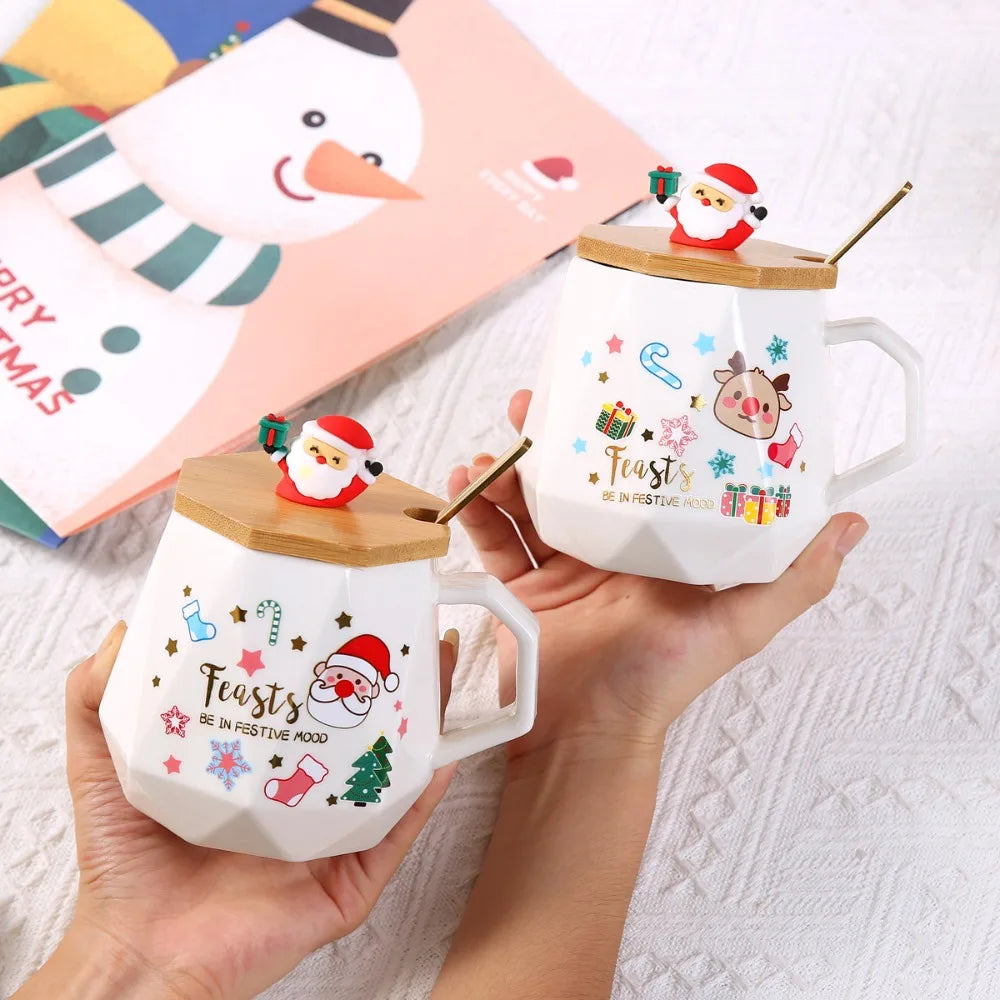 2025 Christmas Gift Set: Warm 55℃ Ceramic Mug with Lid featuring Santa - Side View