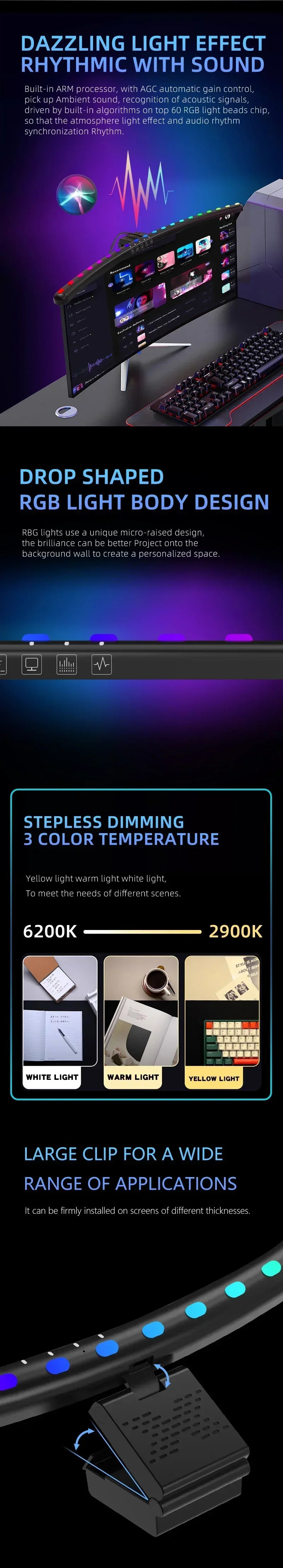 60cm RGB Screen Hanging Lights Computer Monitor Light Bar USB Stepless - Lifestyle View