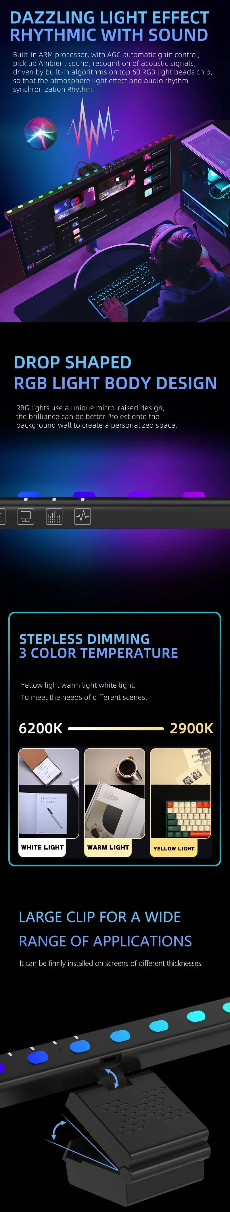 60cm RGB Screen Hanging Lights Computer Monitor Light Bar USB Stepless - Texture Detail