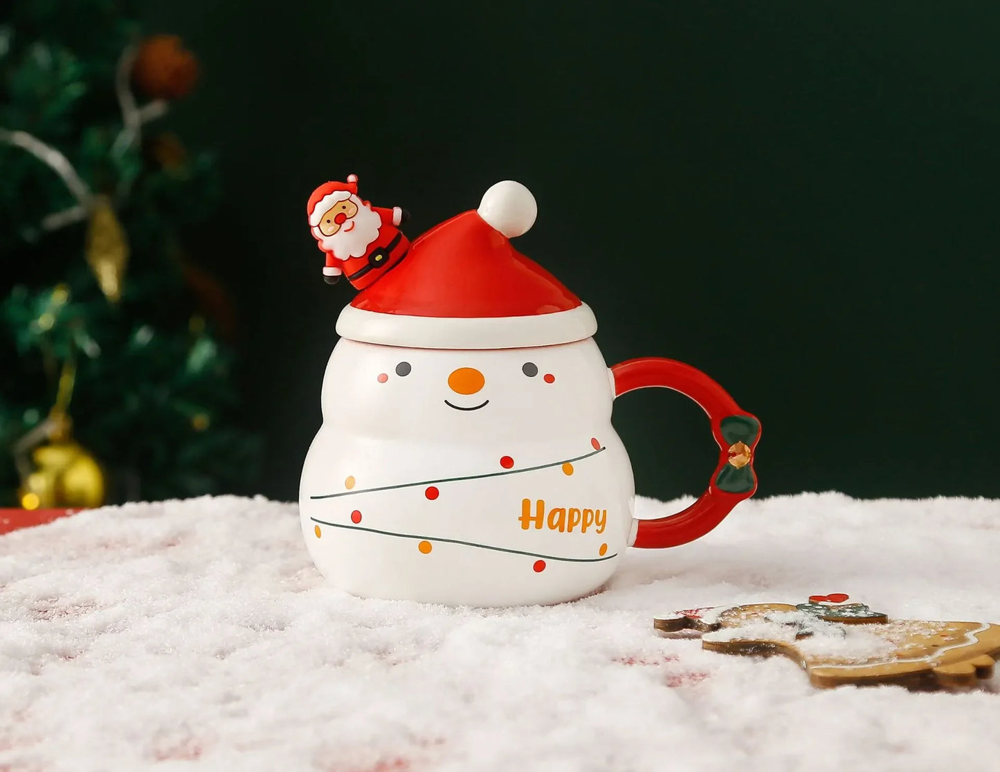 Ceramic Christmas Mug with Lid Spoon Cute Cartoon Coffee Cup New Year - Texture Detail