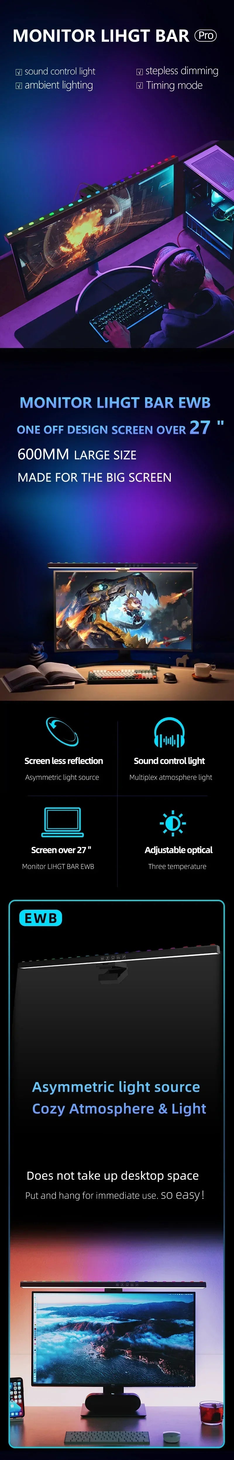 60cm RGB Screen Hanging Lights Computer Monitor Light Bar USB Stepless - Alternative Angle