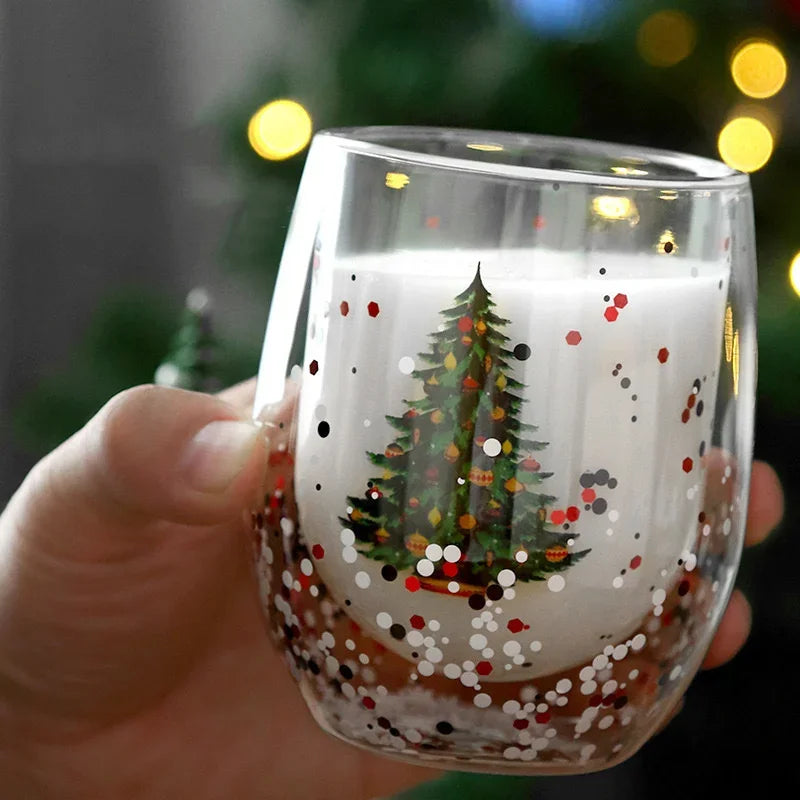 Christmas Double Wall Glass Cup Heat-resistant Water Cup Christmas Tre - Side View